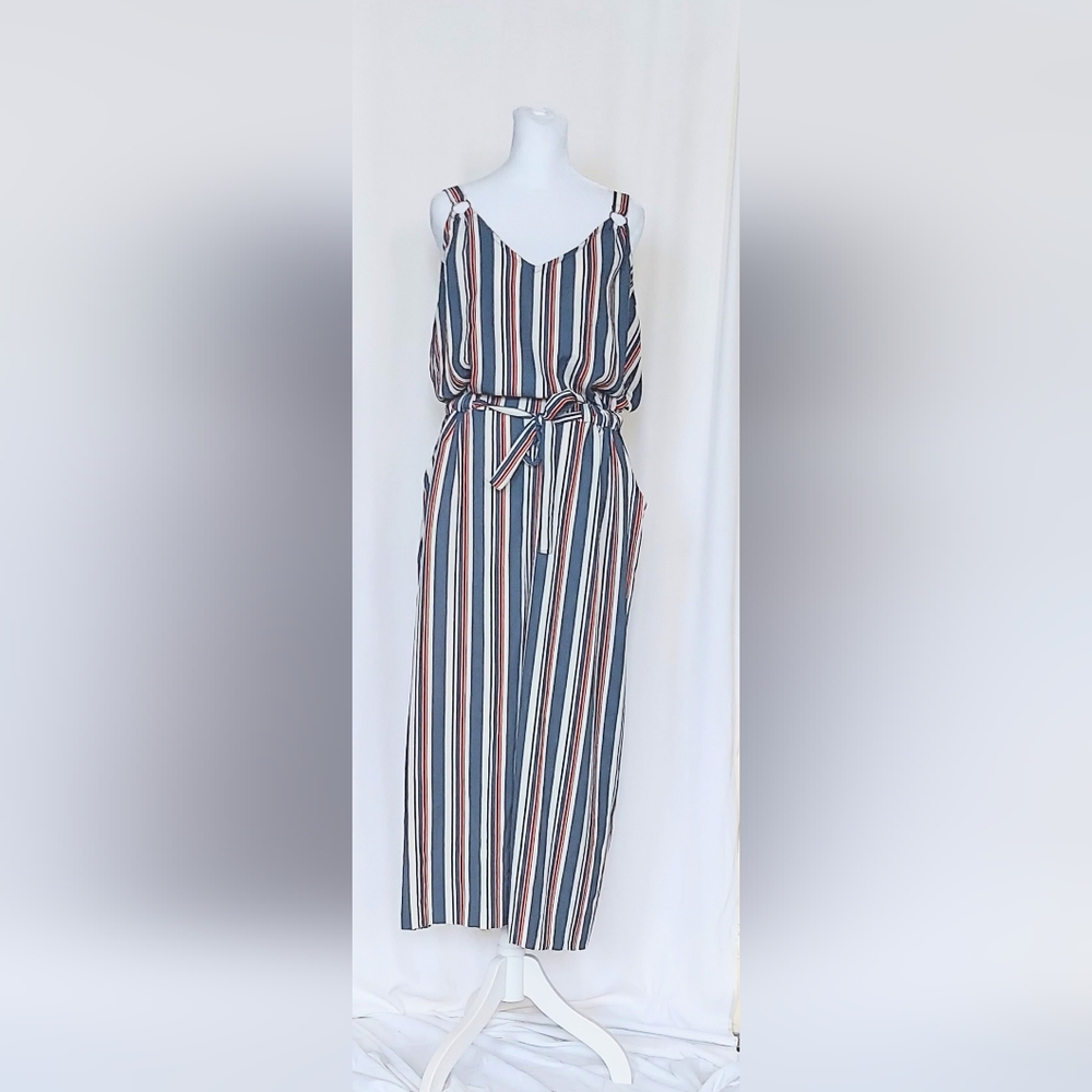 Rebellion Sleeveless Tie Waist Stripped Cropped Jumpsuit Blue White Brown XL